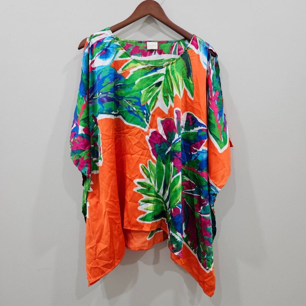 Chicos Womens Cold Shoulder Watercolor Poncho Top OS Orange Maximalist Tropical